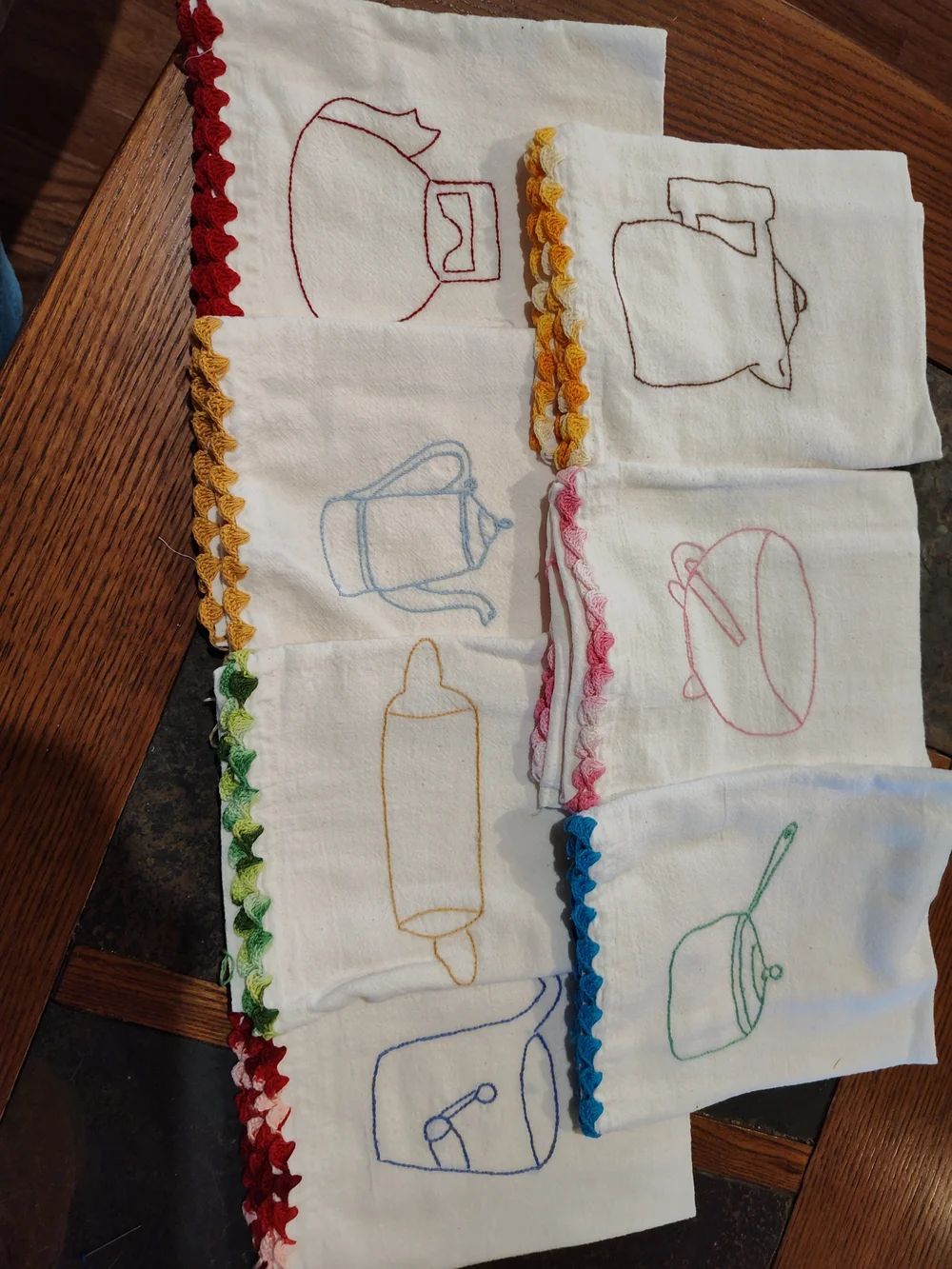 Hand-Embroidered White Kitchen Dish Towels with Multicolor Crochet Edge